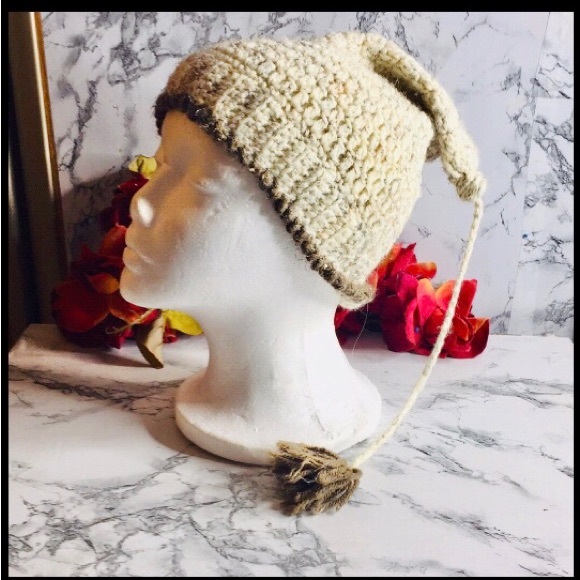 Vintage Handmade Oatmeal Knit Long Tassel Beanie - Picture 1 of 7